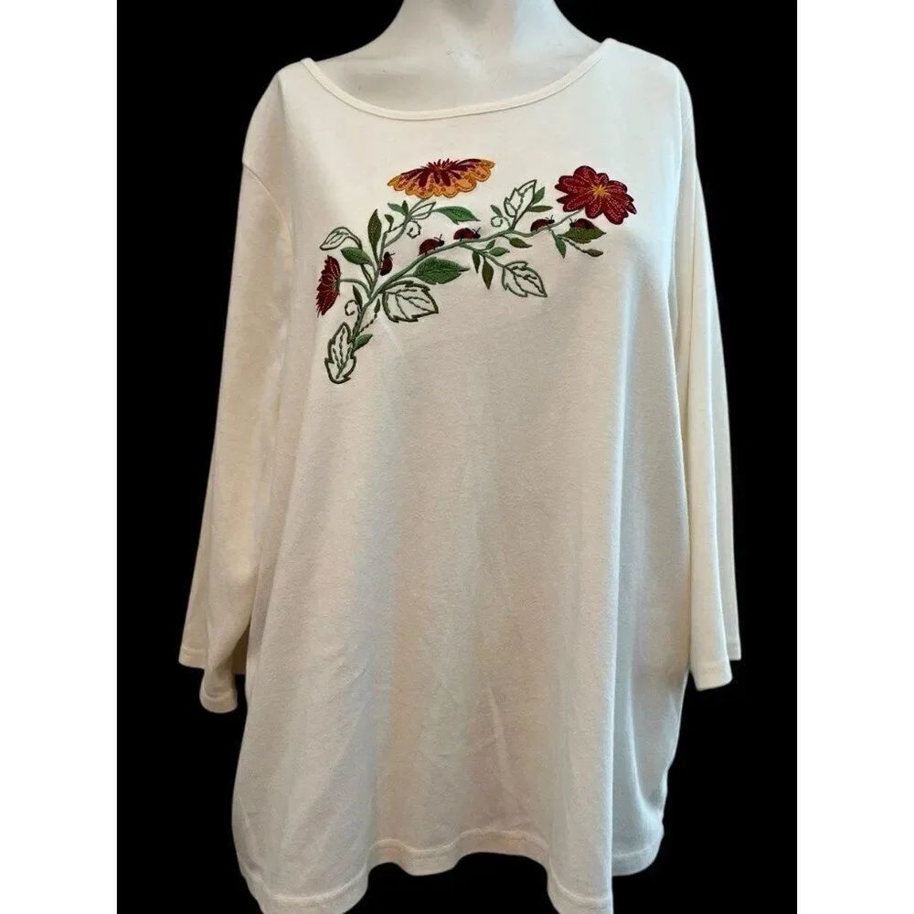Breckenridge Womens 3X Embroidered Top Ladybugs Sequin Flowers Pullover Blouse